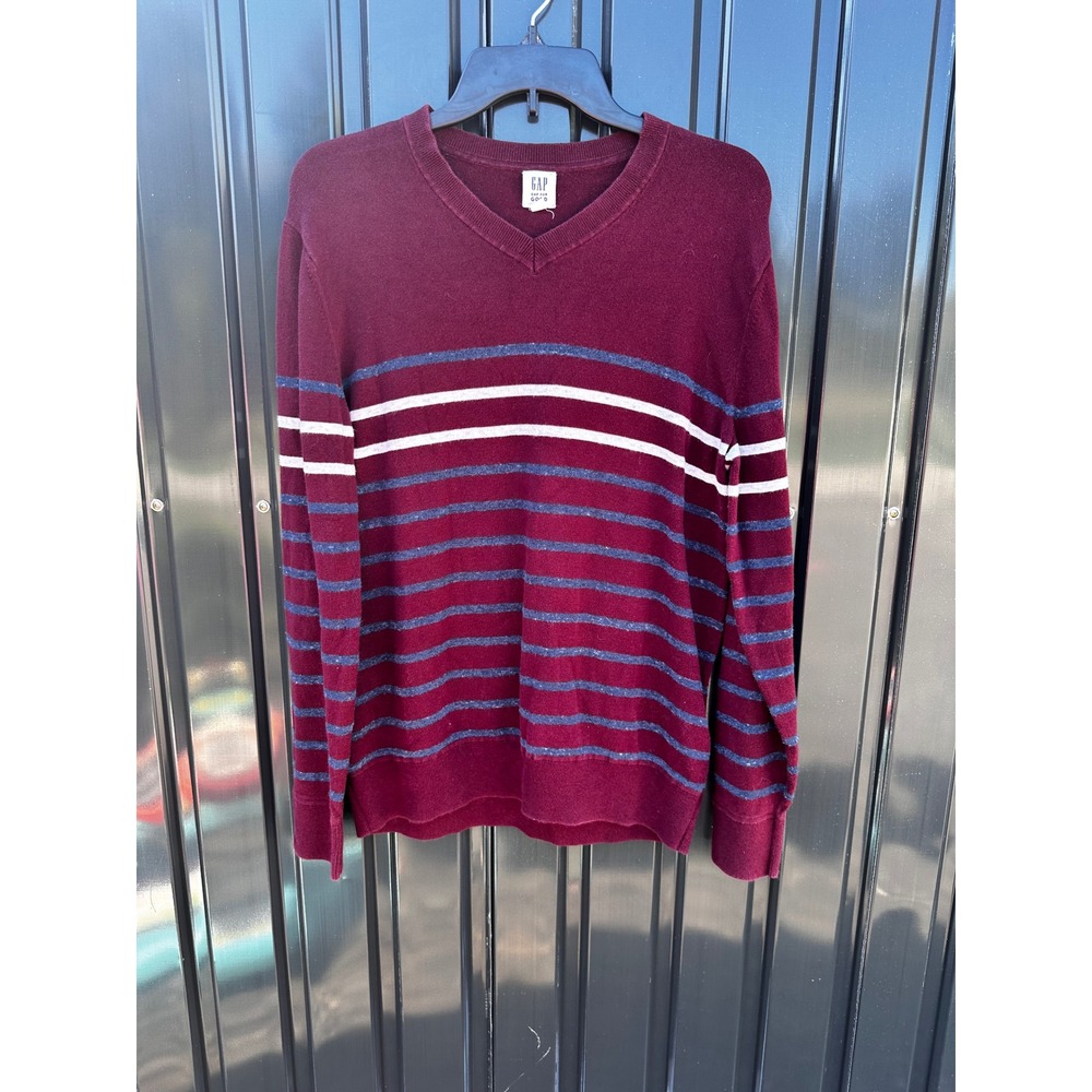 Gap For Good Mens V-Neck Sweater Burgundy Maroon Striped Cotton Blend Size M